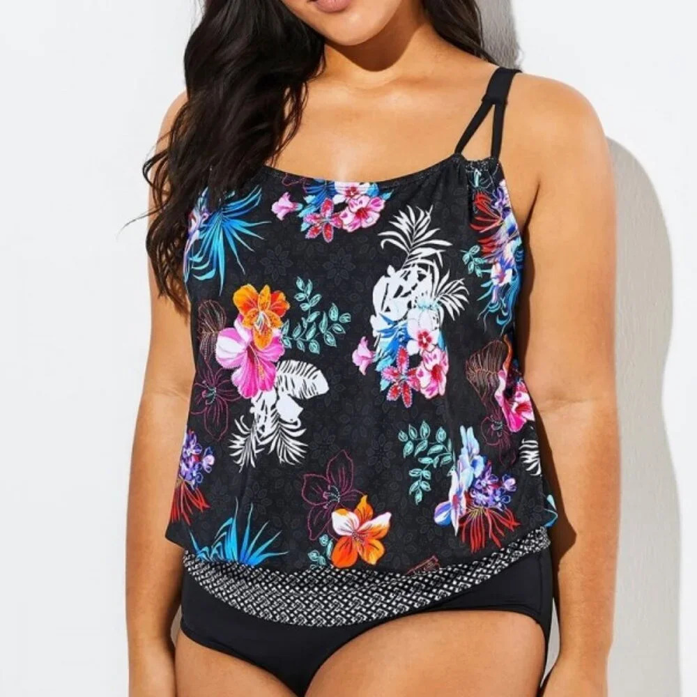NWOT Meet. Curve Hawaiian Printed Blouson One Piece Swimsuit in Size 3XL